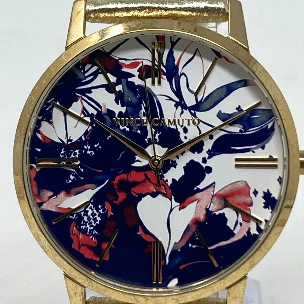 Vince Camuto Women's Watch 40mm Floral Dial Gold Tone Leather New Battery 8.25
